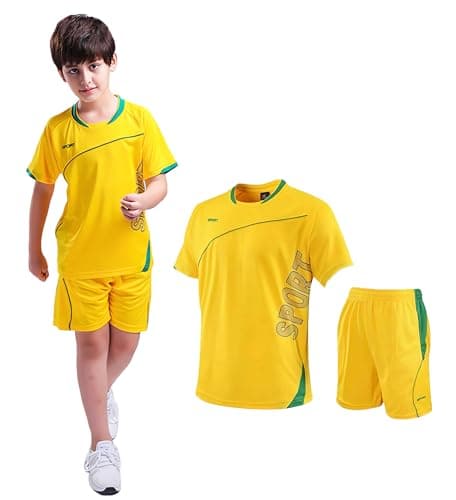 Image of Hikewin Boys Football Kits Uniform Jerseys Unisex Kids Sports Shorts SetsTracksuit Training Activewear Short Sleeve Set Yellow 10-11Years
