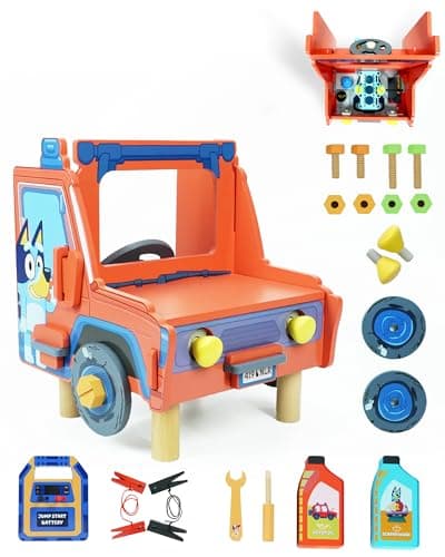 Image of Bluey Wooden Tabletop Mechanic Set – 22 Piece Pretend Play Repair Tool Kit with Car Engine, Tools & Accessories – Compact & Portable Wooden Toy for Kids Ages 3+