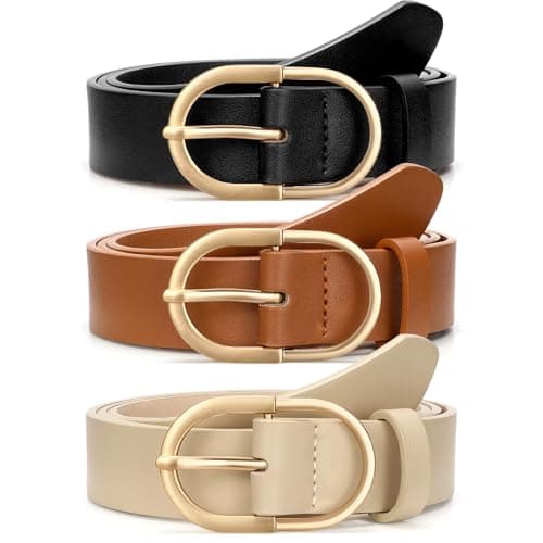 Image of JASGOOD 3 Pack Women's Leather Belt with Gold Buckle Ladies Waist Belts for Jeans & Pants (Black/Brown/Beige) - Size M