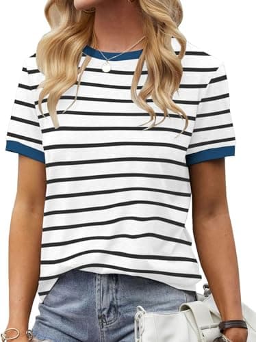 Image of Fisoew Women's Striped T-Shirt Crew Neck Short Sleeve Shirts Basic Stripe Summer Tee Tops, Blue, L