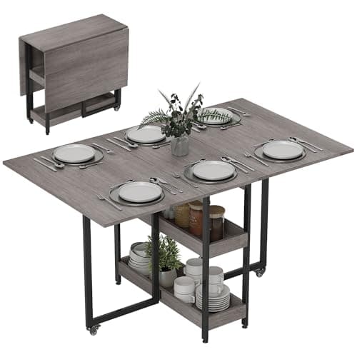 Image of HOMCOM Folding Dining Table for 4, Space-Saving Drop-Leaf Kitchen Table with Storage Shelves and Wheels for Small Spaces, Dining Room or Kitchen, Grey