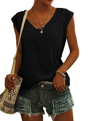 Image of GeGekoko Womens Cap Sleeve Blouses T-Shirt Casual Loose Fit Basic Shirts Tank Tops Black