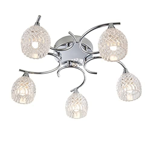 Image of National Lighting Reagan Decorative Silver Chrome Curved Arm Semi Flush Ceiling Light with 5 Patterned Cut Glass Shades