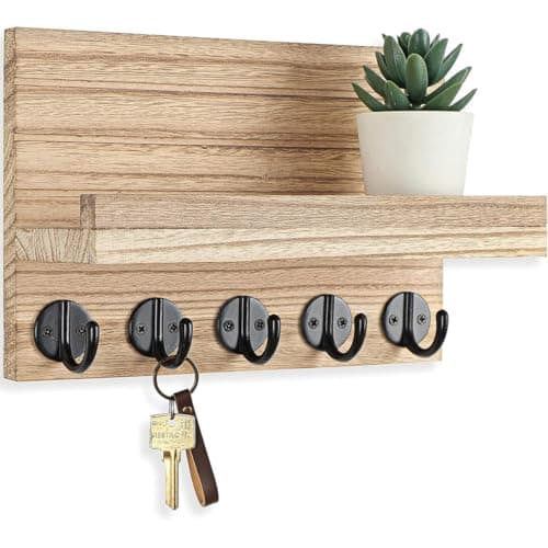 Image of Homeily Wall Hooks with Shelf, Wall Mounted Wooden Key Holder Hanging Shelf with 5 Hooks for Clothes Hats for Living Room, Bathroom, Bedroom, Kitchen. (Beige)