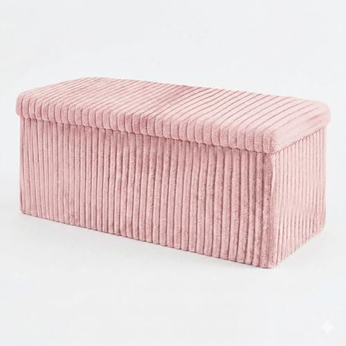 Image of Dolce Vari Foldable Ribbed Storage Bench – Soft Fabric Ottoman for Bedroom, Living Room & Entryway (Pink, Large)