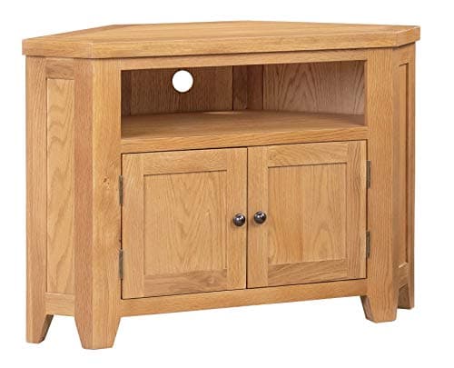 Image of Hallowood Furniture Cotswold Oak Corner TV Unit with Cable Hole and Storage Cupboard, 2-Door Solid Wooden Medium Oak TV Stand Cabinet with 1 Shelf, Corner Unit for Living Room or Bedroom