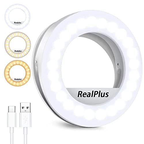 Image of RealPlus Clip-on Selfie Ring Light [Rechargeable] with 40 LEDs and 3 Light Modes, Dimmable for Phone, Tablet, Laptop, Zoom Meeting, Makeup, Video