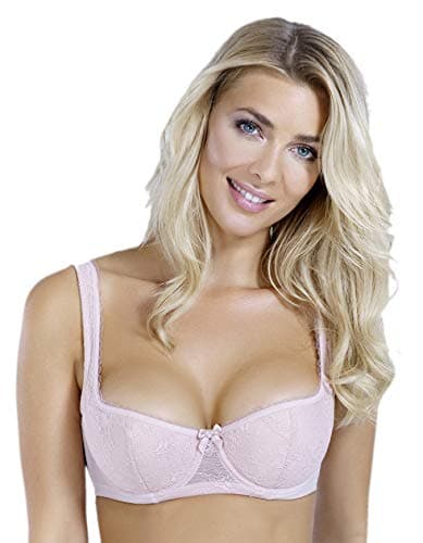 Image of Rosme Women's Balconette Bra with Push Up Effect – Plus Size Sexy Lace Demi Half Cup Bra – Lightly Padded Underwired Low Cut Mesh Design Eliza, Beige, Size 36FF