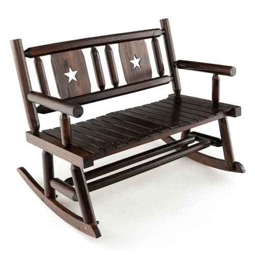 Image of RELAX4LIFE 2-Seater Garden Bench, Carbonized Wood Patio Rocker Chair with Ergonomic Backrest, Armrests & Crossbars, Outdoor Furniture Rocking Loveseat for Backyard Porch Balcony