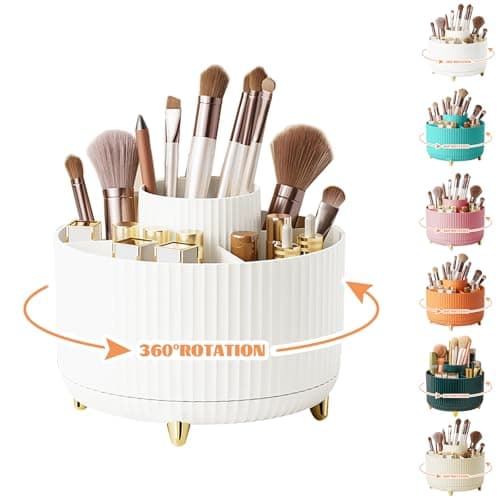 Image of 360° Rotating Makeup Organiser, Make Up Brush Holder with 5 Compartments, Desk Storage Container for Bedroom Dressing Table Cosmetics Organizer, Office Stationery Storage, Desktop Pen Holders (White)