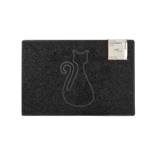 Image of Oseasons Cat Small Embossed Doormat in Black - Spaghetti Coil Vinyl with PVC Backing, Non-Slip Indoor or Sheltered-Outdoor Kitten Kitty Entrance Rug