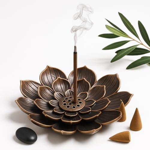 Image of Lotus Flower Incense Holder Metal Burner for Stick, Cone and Coil Incense, Zinc Alloy Lotus Flower Design with Bronze Finish, Detachable Ash Catcher, Ideal for Home, Office, Yoga and Meditation Spaces