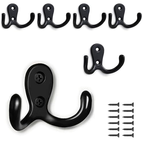 Image of PAIDASHU 6-Pack Double Coat Hooks, Metal Hooks, Wall-Mounted Coat Hooks with Screws for Hanging Clothes, Hats, Towels, Keys, Kitchenware, for Living Room, Bedroom, Bathroom, Kitchen (Black)