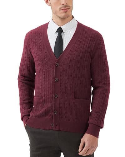 Image of Kallspin Men’s Big Tall Wool Blend Cardigan Sweater Cable Knit V Neck Button Front Casual Knitwear Jumper(Burgundy Red, XL-Tall)
