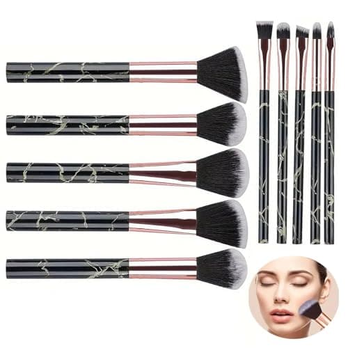 Image of Makeup Brush Set 10-Piece, Marble Design Professional Brushes for Foundation, Powder, Blush, Blending, and Eyeshadow, Black