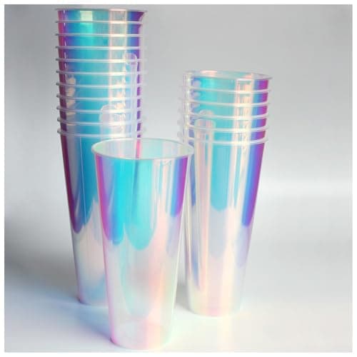 Image of MnhoMnrn 18 Pcs Iridescent Clear Plastic Cups 23oz Fancy Thick Neon Disposable Drinking Cups Cute Glitter Holographic Hard Plastic Cup for Party Decoration (Clear)