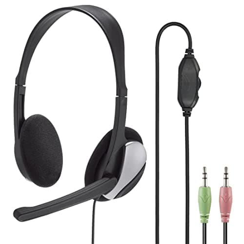 Image of Hama PC Headset HS-P100, Ultra Lightweight On-Ear Stereo with Microphone, Volume Control on Cord, 2 m Cable Length, 2 x 3.5 mm Jack, Black