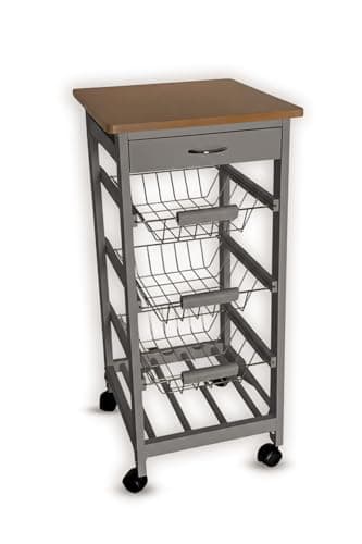 Image of FEFE® Kitchen Trolley Wooden 3 Tier Rolling Basket Organiser Cart Utility Storage Cart with 3 Basket Drawers Wine Rack, Natural and Grey