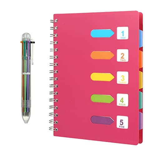 Image of Kesote Spiral Notebook A5 with 5 Colored Tabs - 240 Pages Subject Notebook with 6-Color Pen, College Ruled Divider Journal for Students Study, Meeting Notes & Project Management (Rose Pink)