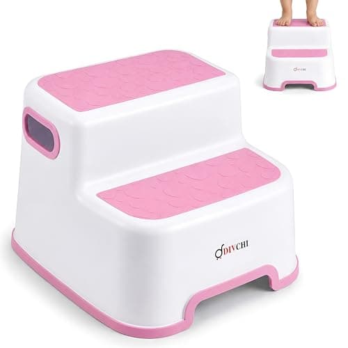 Image of DIVCHI Double Step Stool for Kids Non-Slip Toddler Steps 2-Up Bathroom Stools with Carry Handles For Potty Training Bathroom & Kitchen Use (Pink)