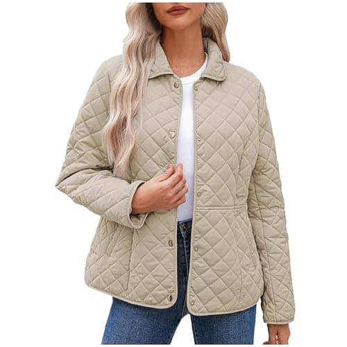 Image of Women's Lightweight Quilted Jackets Loose Casual Patchwork Fashion Round Neck button Womens Short Waisted Puffer Jacket solid Insulated Water-resistant Cold Weather Winter Coat For Women