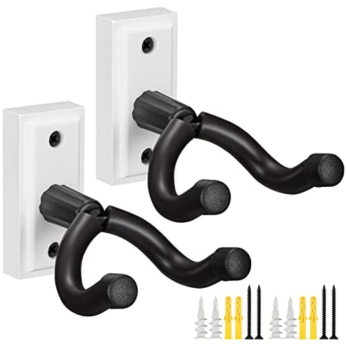 Image of POGOLAB Guitar Wall Mount, 2 Pack Guitar Hanger, Hook with Design for Anti-Slip, Display Holder with Screws, Easy to Install, for Acoustic Electric Guitar, Bass, Ukulele, Banjo, Mandolin (White)