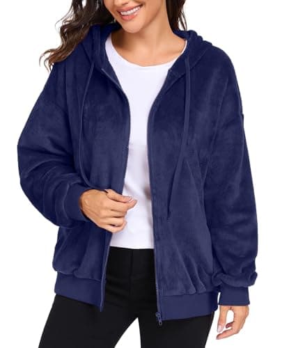 Image of PrinStory Zip Up Hoodies For Women Winter Flannel Coats Fluffy Oversized Hoodie Zipper Hooded Sweatshirt Outwear With Pocket (Navy Blue, M)