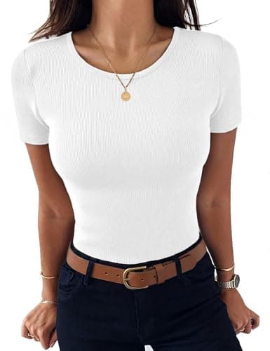 Image of Aottori Summer Tops for Women UK Short Sleeve T Shirts Ribbed Round Neck Base Layer Tee Shirt Lightweight Slim Fit Plain Pullover Tunic Top White M