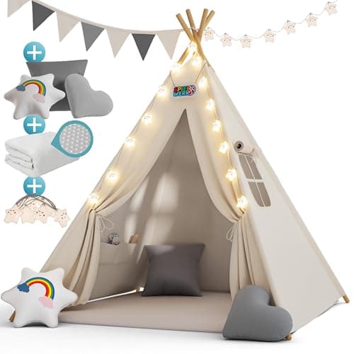 Image of Spielwerk® Kids Teepee with Fairy Lights | Baby Toy Play Tent | 2.5cm Thick Play House Mat | 3 Cushions | 130x130x160cm | Cotton Carry Bag | Toddler Toys | Snow White