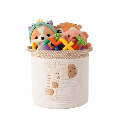 Image of INough Toy Storage Baskets Woven Cotton Rope Storage Basket for Kids, Blanket Baskets for Living Room Toys Organizer with Embroidery Decor, Cute Baskets with Handle for Nursery, Burr Basket (Giraffe)