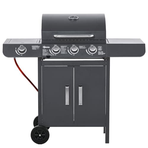 Image of Outsunny 3+1 Burner Gas BBQ Grill, Outdoor Barbecue Trolley with Wheels, Warming Rack, Side Shelves, Cabinet, Thermometer for Garden, Party, Camping, 110L x 50W x 100Hcm, Grey