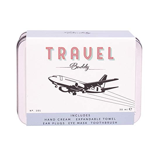 Image of Fizz Creations Buddy Travel Kit. Includes Toothbrush, Expandable Towel, Eye Mask, Ear Plugs & Hand Cream. Tin Storage Container.