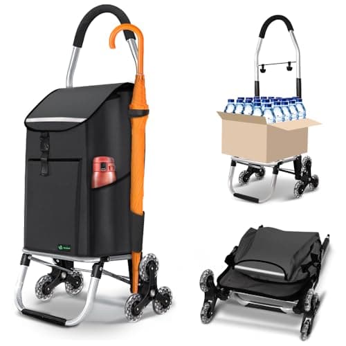 Image of VOUNOT® Folding Shopping Trolley on 6 Wheels, Aluminium Lightweight Shopping Cart with Insulated Cooling Bag, 2 Hooks, 2 Side Pockets, Stair Climbing Grocery Trolley, 58L Black