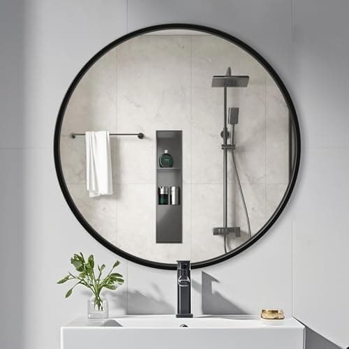 Image of yuzeyurun Round Bathroom Mirror, 50CM×50CM Circle Black Metal Frame, HD Glass Circle Wall Mirror for Bathroom Vanity, Entryway, Living Room, Home Decor