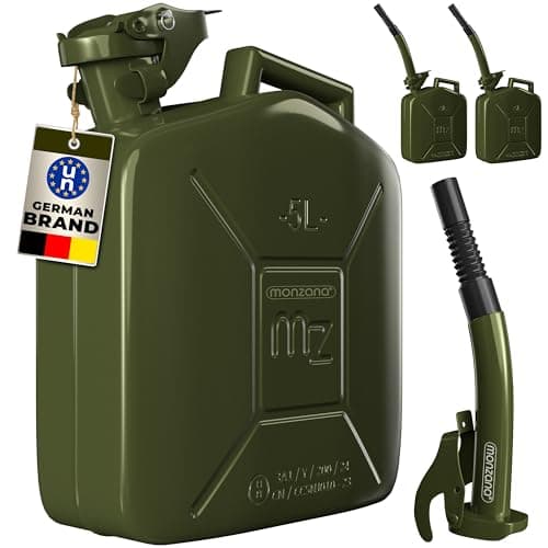 Image of MONZANA® 3x 5 Litre Metal Fuel Canister W/Spout | 0.9mm Thick Steel Jerry Can | Leak-Proof Safety Lock | UN-Approved Transport Container | Petrol Diesel Oil | Corrosion Resistant Storage | Green