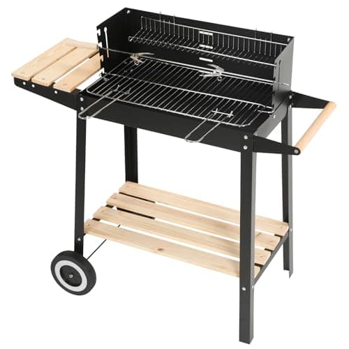 Image of Charcoal BBQ Grill, Trolley Barbecue with Warming Rack & Rotisserie Spit for Outdoor Garden Camping Patio, Steel Rectangular Charcoal Grill Portable W/Wheels, Side & Bottom Storage Shelves