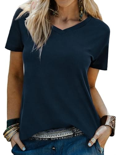 Image of Wayleb Cotton T Shirts for Women UK V Neck Short Sleeve Fitted Fashion Tops Curved Hem Elegant Tee for Casual Daily Style Navy Blue S-3XL