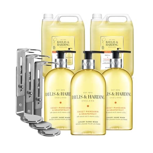 Image of Baylis & Harding Sweet Mandarin and Grapefruit Hand Wash & Bracket Business Bundle: 3 x Wall Bracket, 3 x 500 ml Bottles & 2 x 5 Litre Refills - Vegan Friendly