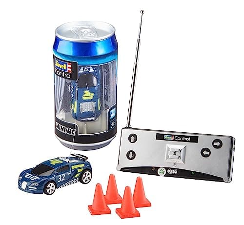 Image of Revell Control 23561 Mini Remote Control Car Racing Car Blue, With 27 MHz Control, In a Can Container, Includes Traffic Cones, 8cm in length