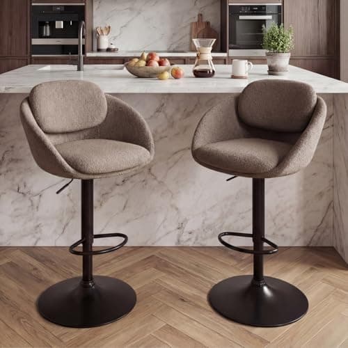 Image of Ya-Home Breakfast Bar Stools Set of 2 Height Adjustable Swivel Bar Stools with Thick Backs Counter Chairs for Kitchen Island, Brown Chenille Fabric