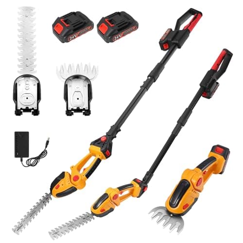Image of Neulriscn 2 in 1 Cordless Pole Hedge Trimmer & Grass Shear, 24V Electric Grass Trimmer Hedge Cutter with 2 x Batteries and Charger, Long Reach Extension Pole for Tree Trimming, 90° Adjustable Head