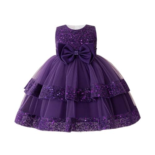 Image of ABEHIK Girls Sequin Tulle Prom Dresses Kids Pink Poncho Dress Flower Girl Birthday Party Dress for 4-8 Years Purple 110cm/4Y