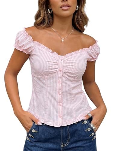 Image of SANSIWU Women's Sweetheart Neck Ruffle Top Button Front Puff Sleeve Off Shoulder Blouse Trendy Cottagecore Ruched T-Shirt (A-Pink, XL)