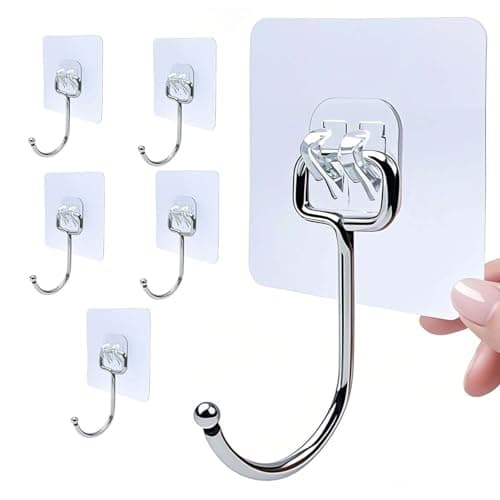 Image of Zesc-Im 6PCS Self Adhesive Hook, Upgraded 35 lb/ 15kg (Max) Strong Sticky Hooks for Hanging Heavy Duty, Damage Free Large Size Wall Hooks Up, Clear Stick on Hook for Home Bathroom Kitchen and Office