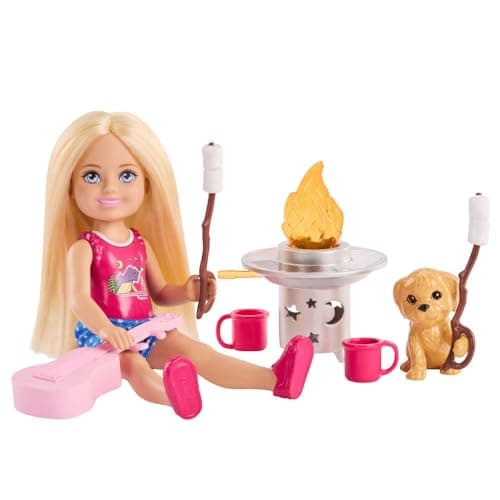 Image of Barbie Chelsea Outdoor Adventures Playset, Family & Friends Set with Small Blonde Doll, Pet Puppy & 5+ Camping Accessories, JJV61