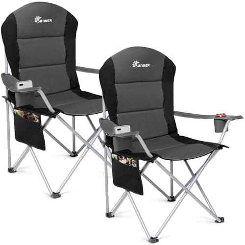Image of SUNMER Padded Camping Chairs - Set of 2 Deluxe Folding Chairs with Cup Holder and Side Pockets - Holds up to 120kg - Lightweight 3.3kg per Chair - Professional Outdoor & Garden Seating - Dark Grey