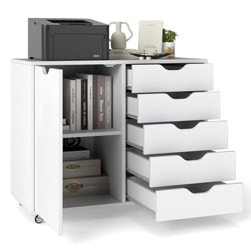 Image of CASART Rolling File Cabinet, 5/7 Drawers Freestanding Storage Organizer Cupboard on Wheels, Home Office Lateral Filing Chest (White, 5 Drawers + 1 Door)
