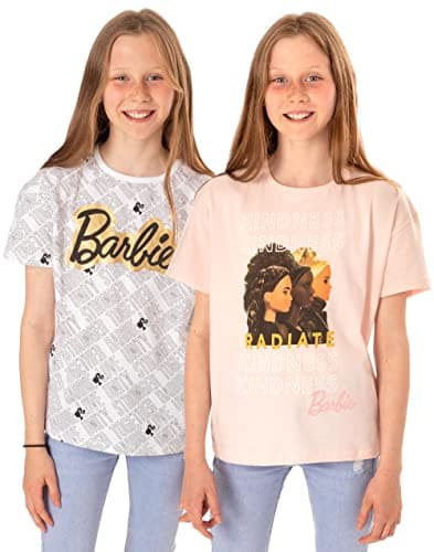 Image of Barbie T-Shirt for Girls 2 Pack | Kids Inspiring Doll Logo Pink White Short Sleeve Top | Kindness Love Unity Clothes 9-10 Years