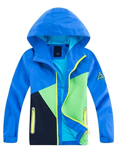 Image of YoungSoul Boys Girls Colorblocked Raincoat Lightweight Outdoor Waterproof Jacket with Hood Blue 120, 5-6 Years/Label M