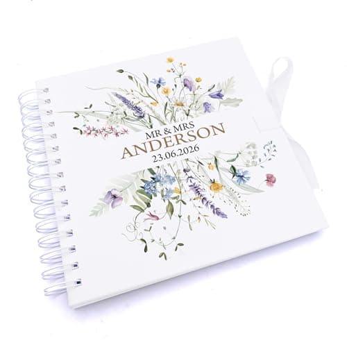 Image of Personalised Luxury Wedding Guest Book, Hardcover, Metal Spiral Binding, Wildflower Ribbon Closure, 80 Pages, 20.3 x 20.3 cm